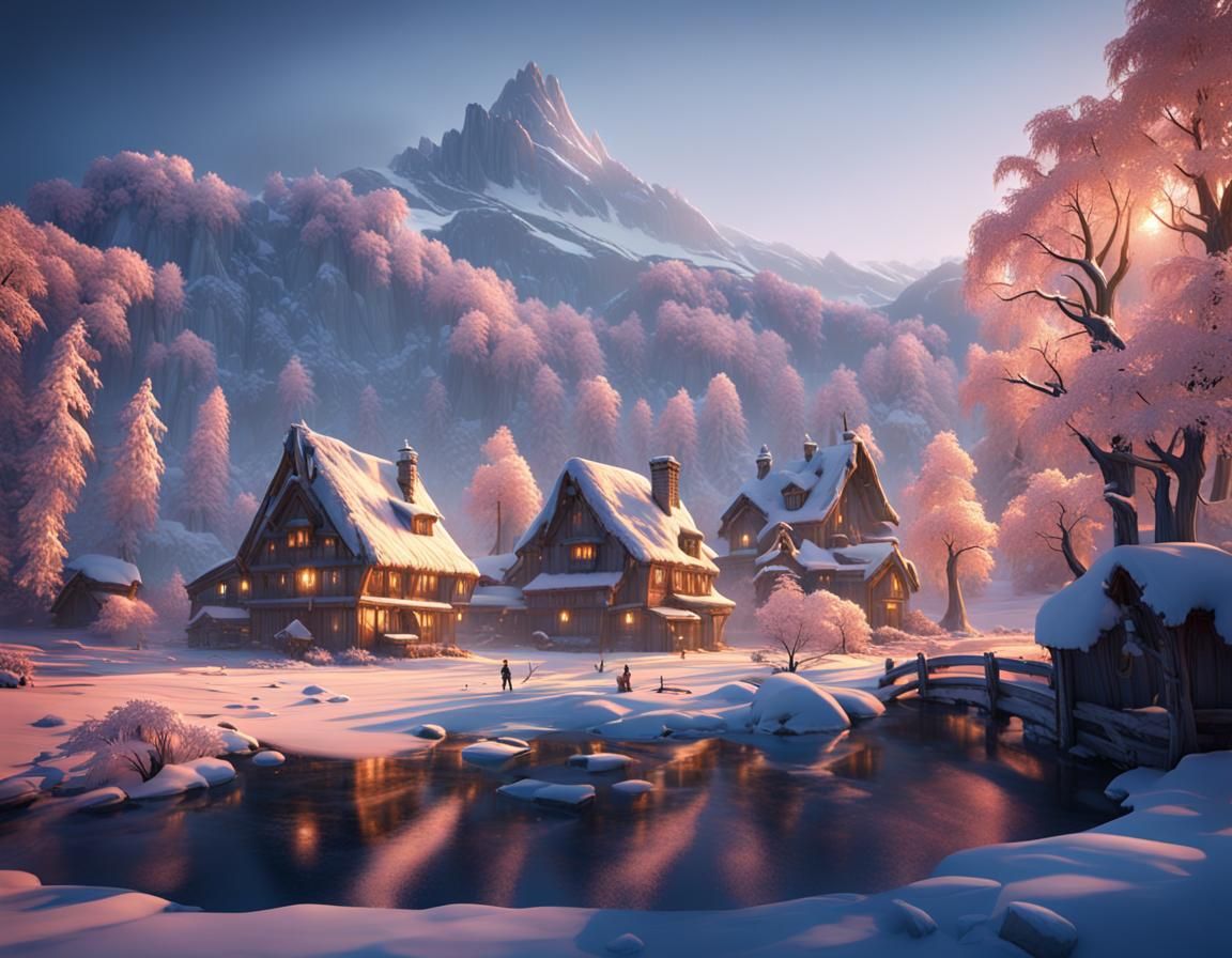 Snow-Covered Village at Dawn in Detailed Matte Painting