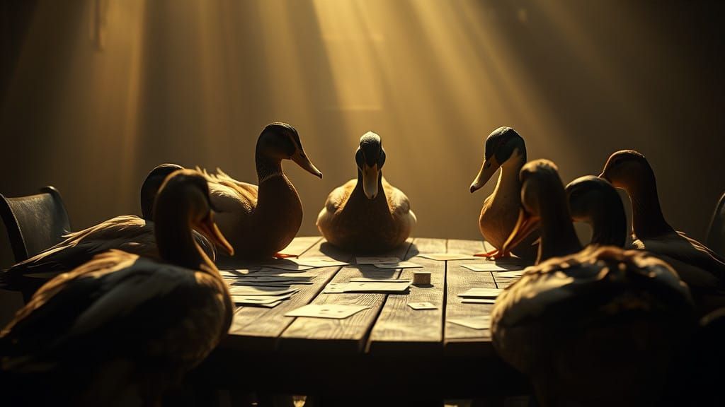Dramatic Ducks Engrossed in High-Stakes Card Game in Cinemat...