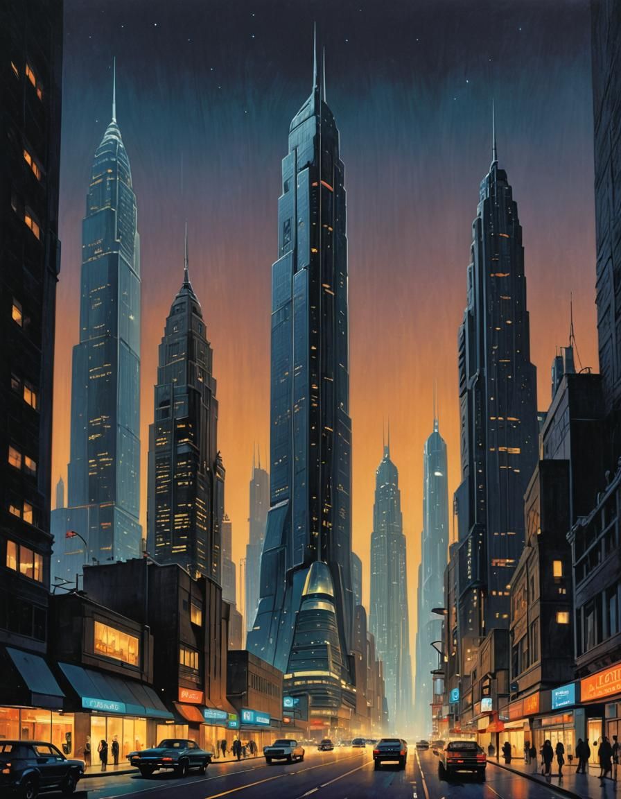 Futuristic Skyscrapers at Night in 70s Sci-Fi Style