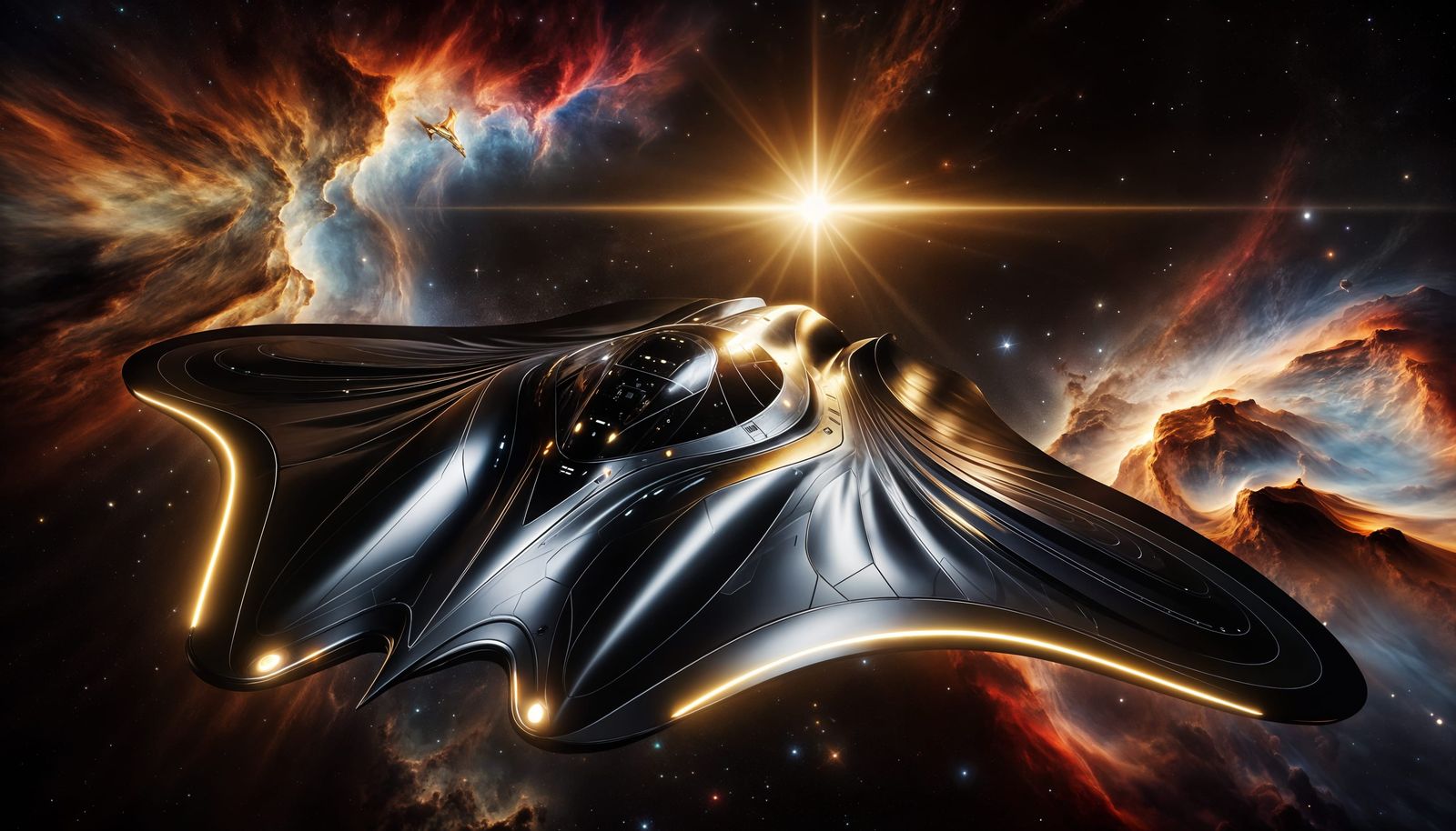 Photorealistic Spacecraft Glides Through Vibrant Nebulae