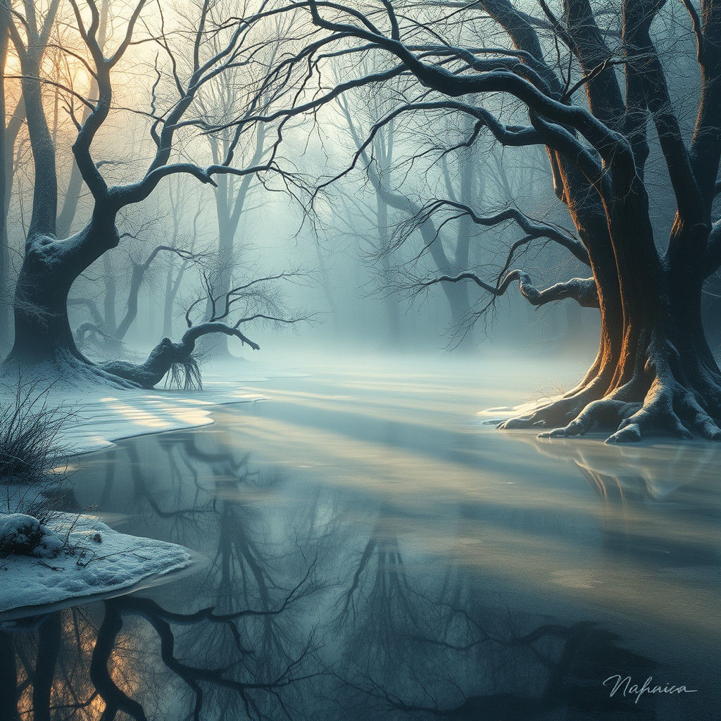 Mystical Frozen Pond in Enchanted Forest