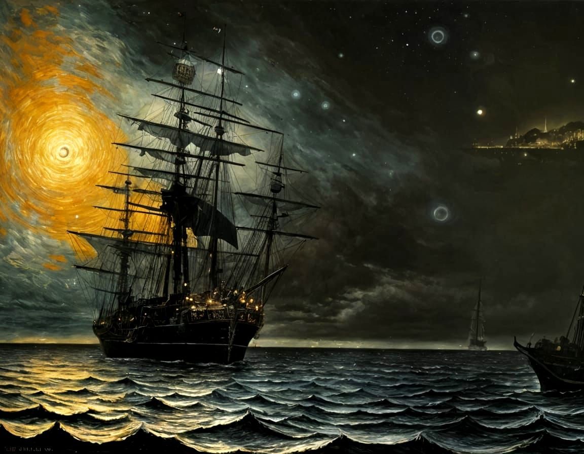 Surreal Pirate Galleon at Night, Dark Art Style