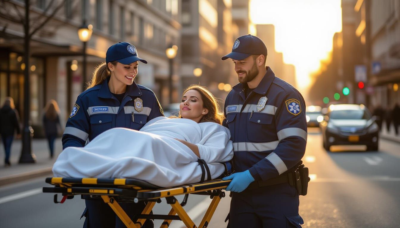 Paramedics Carry Patient Through Golden Hour City Street