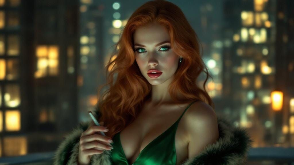Redhead in Moscow Cityscape, Dramatic Cinematic Style