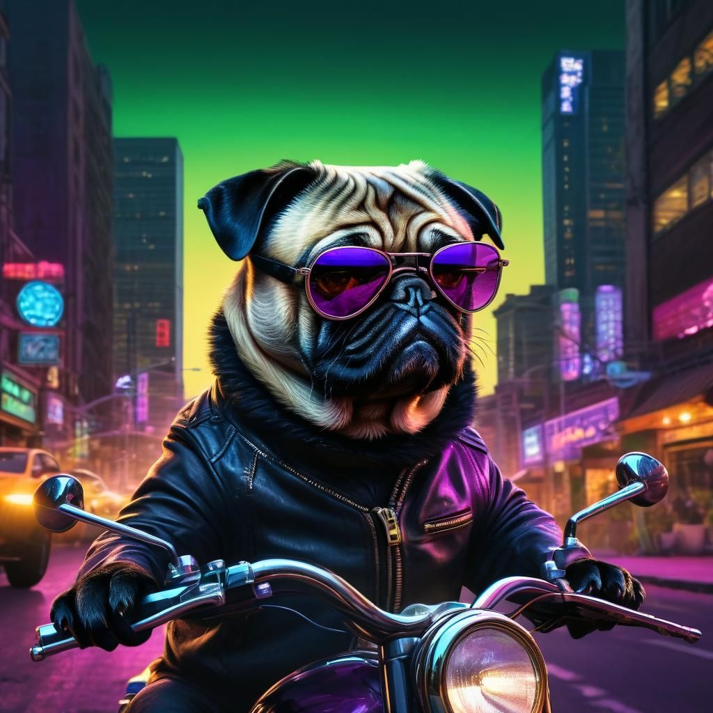 Pug and Cat Motorcycle Ride Through Cityscape