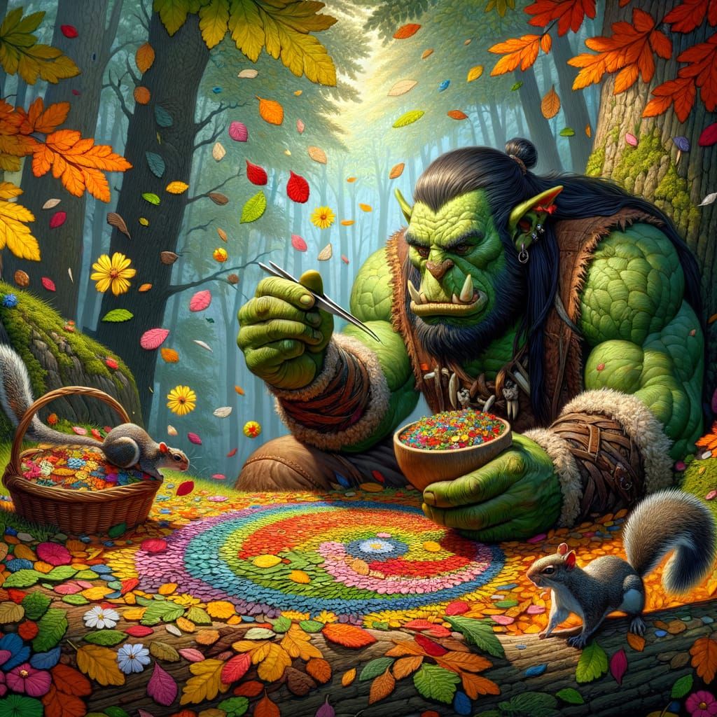 Orc Artist Creates Leaf Mosaic in Secluded Forest Glade
