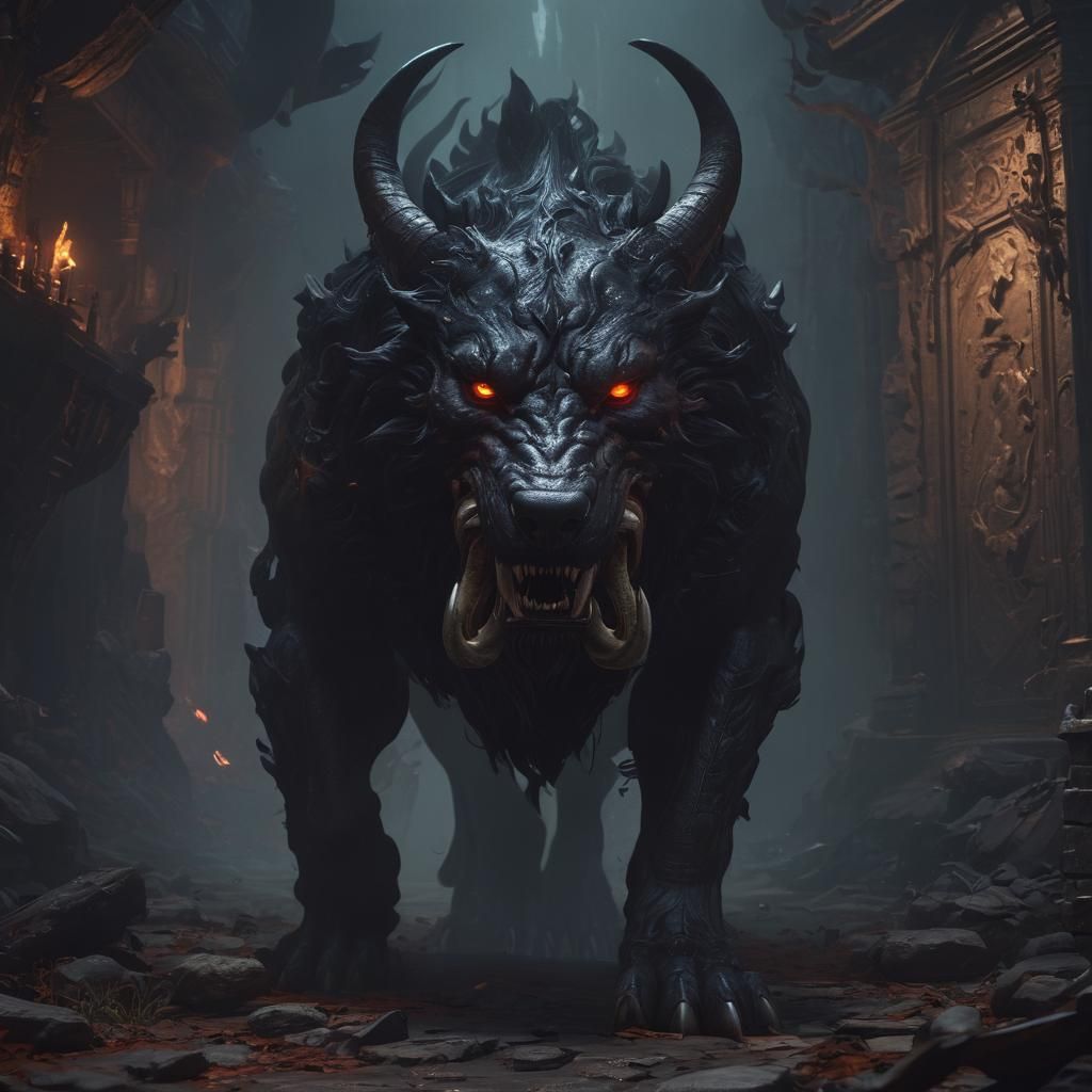Hellhound Cerberus Guards Underworld in Dark Fantasy Art