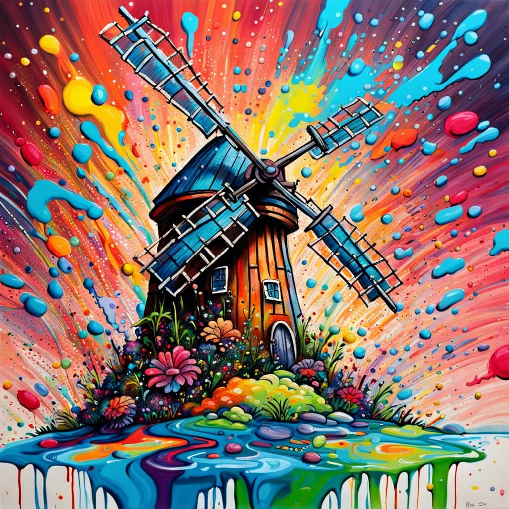 Whimsical Windmill in Colorful Liquid Splash Art