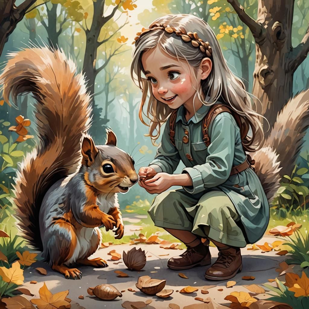 a quirky whimsical little girl gently offering a nut to a cu...