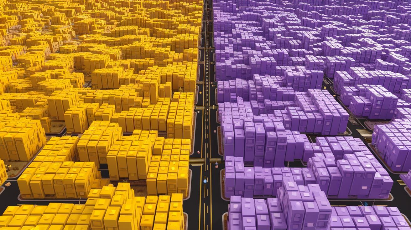 Geometric Metropolis in Vibrant Yellow and Purple