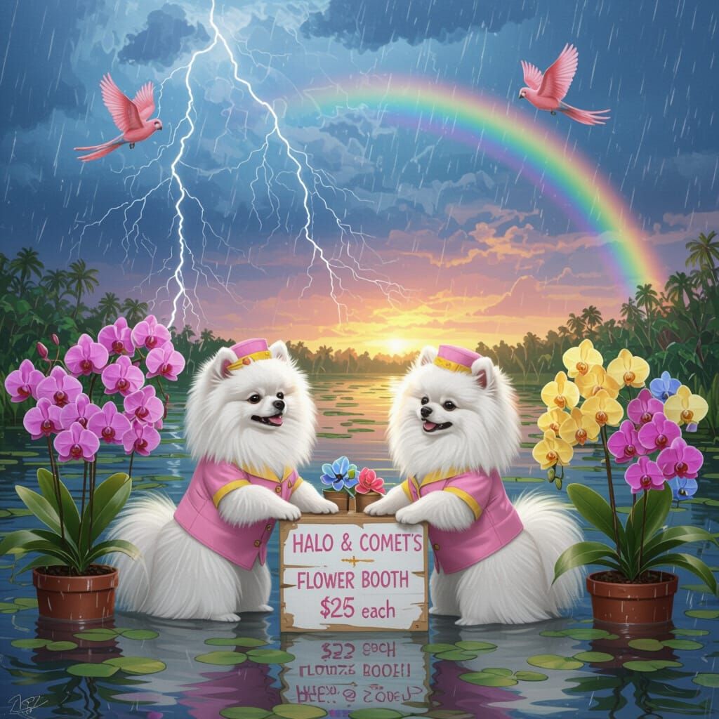 Pomeranians Set Up Orchid Stand in Stormy Swamp