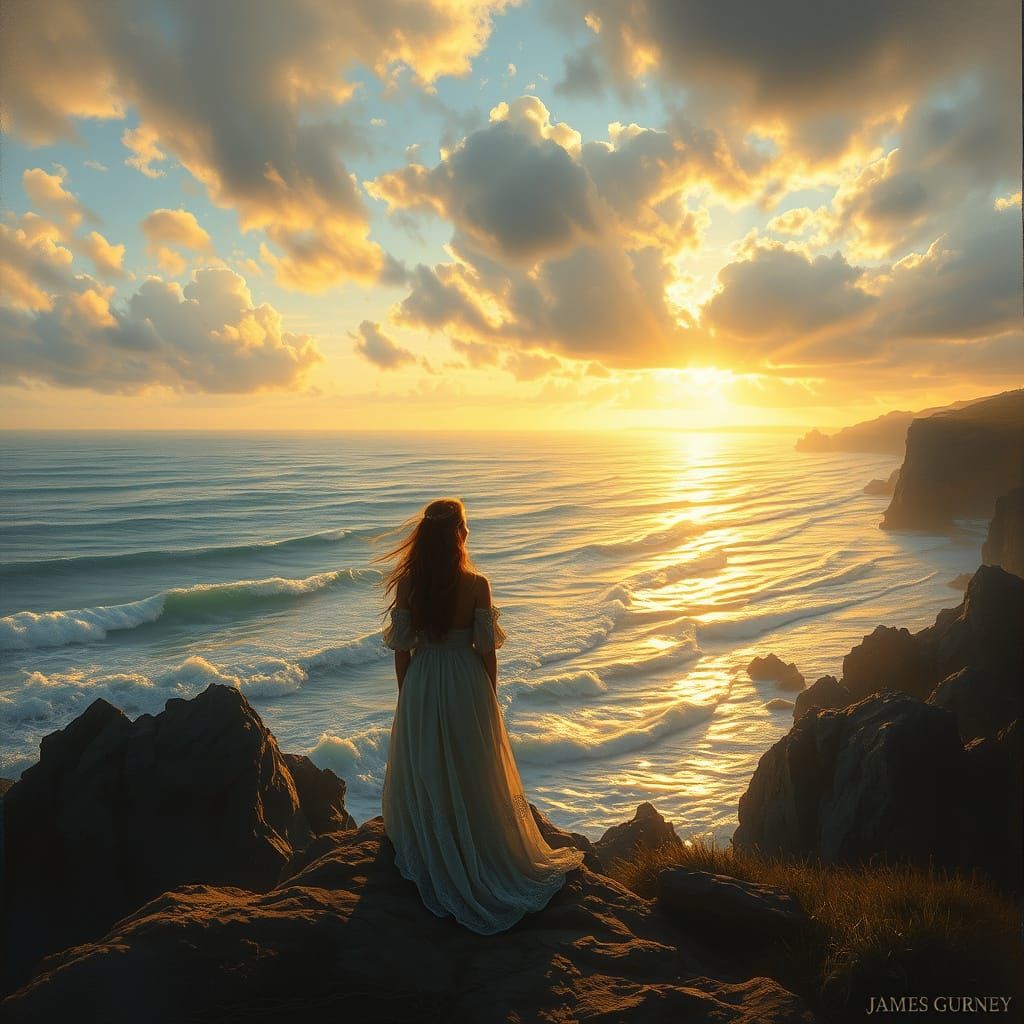 Woman Watches Ocean in Early Morning Light, Oil Painting Sty...