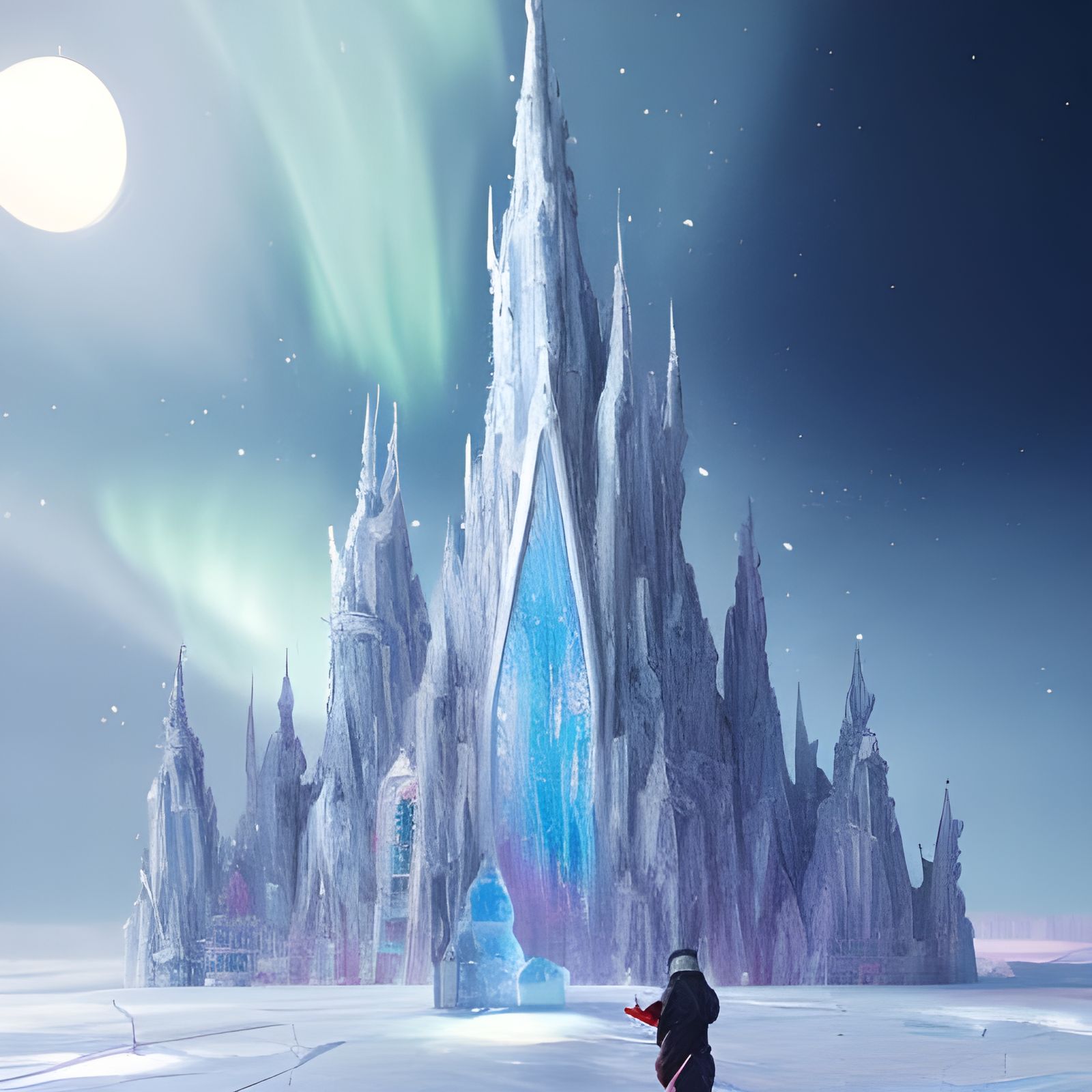 Icy Mountain Castle Under Northern Lights
