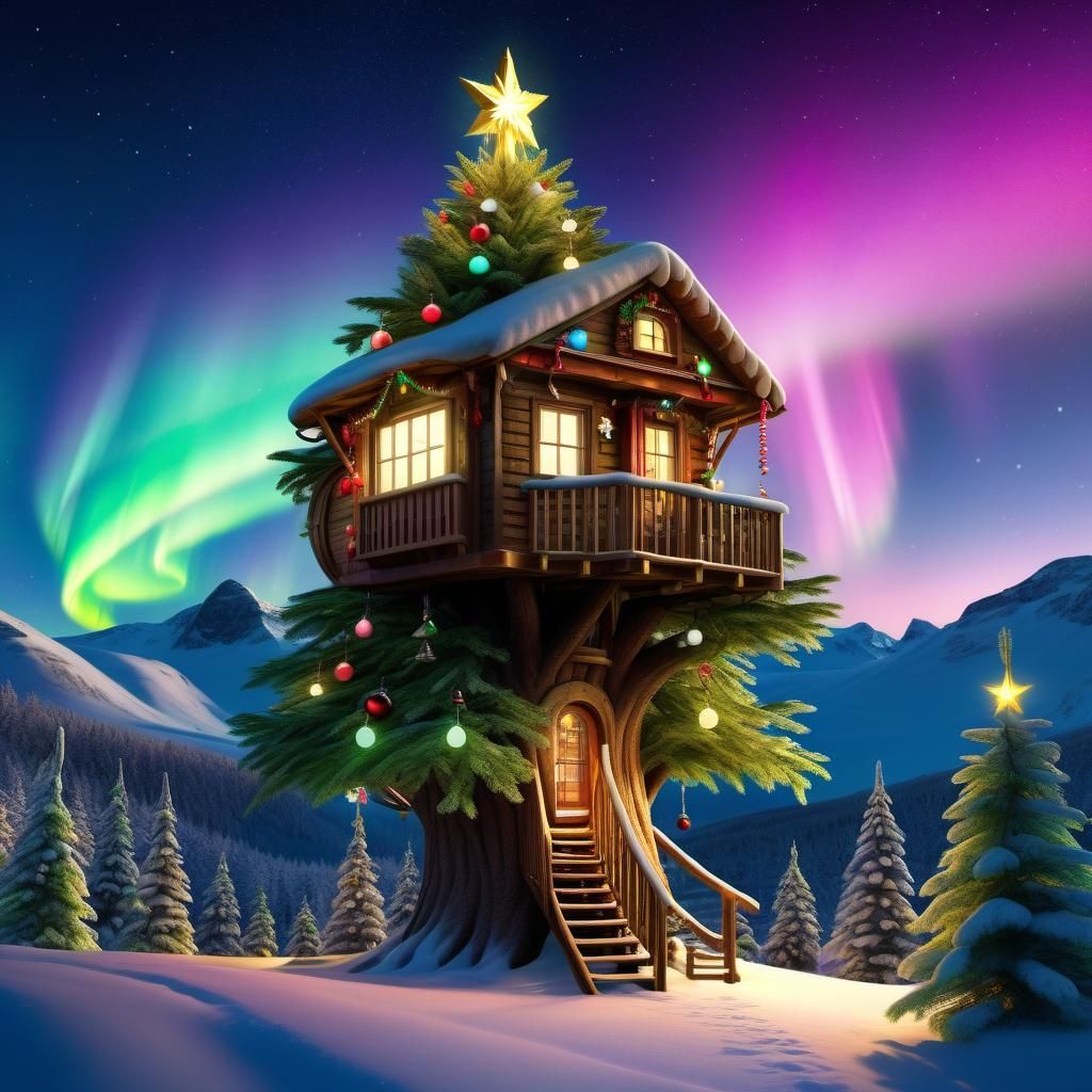 Christmas Treehouse Lit by Aurora Borealis