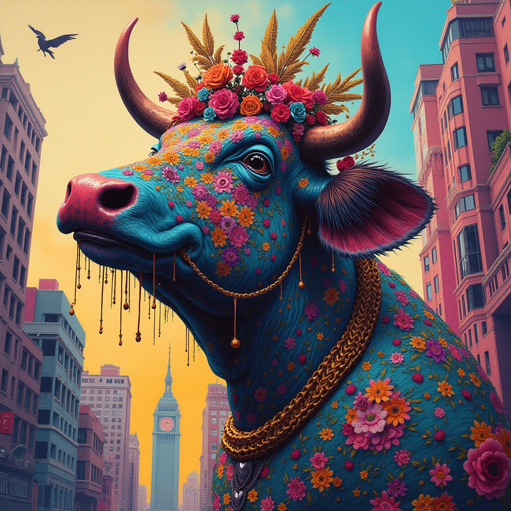Cow-Headed Woman's Urban Feast: Graffiti Art
