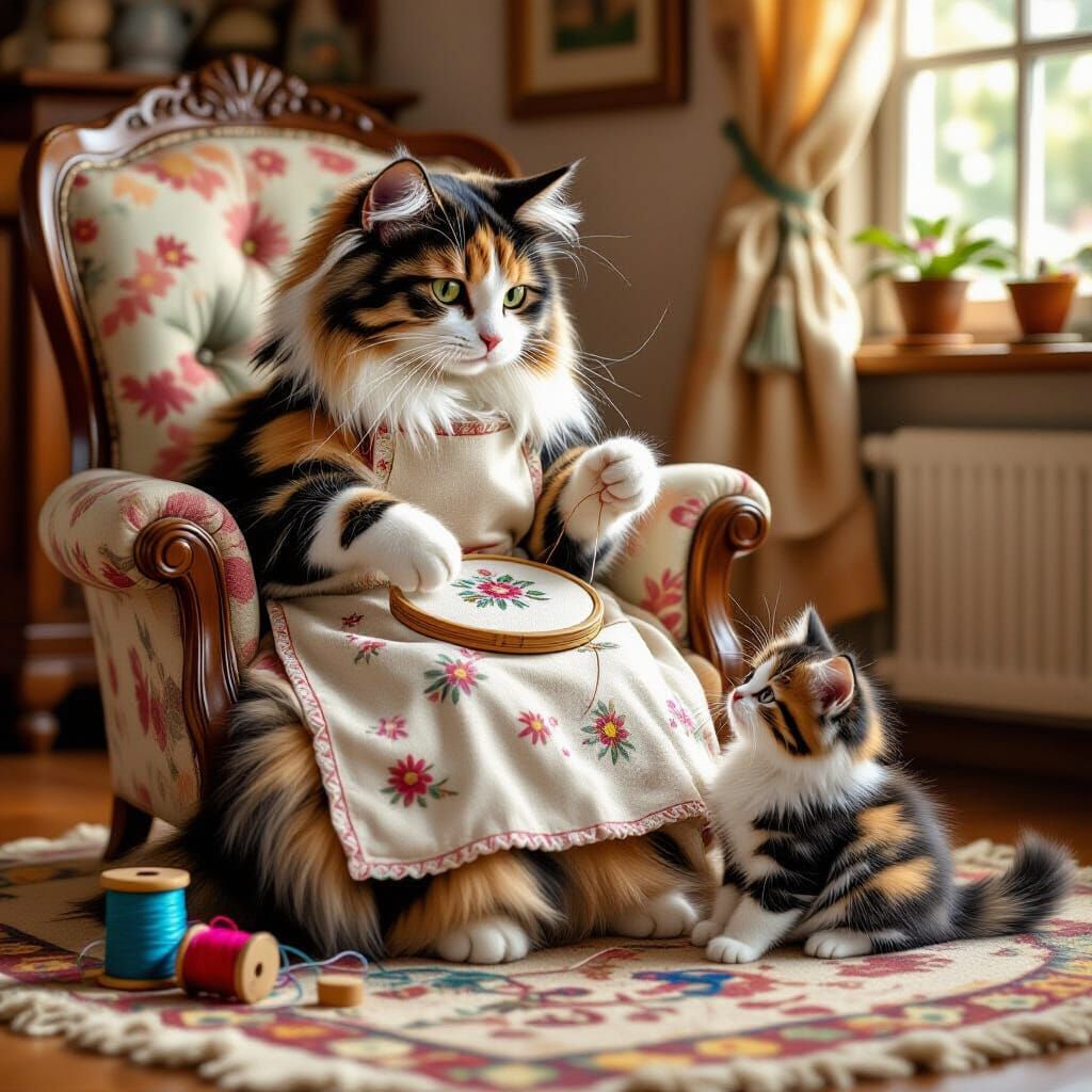 Calico Cat's Embroidery, Storybook Illustration