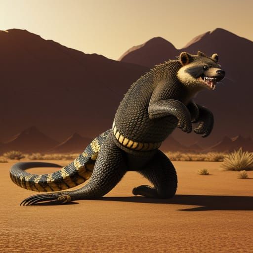 Honey Badger Battles Snake in Desert Golden Hour