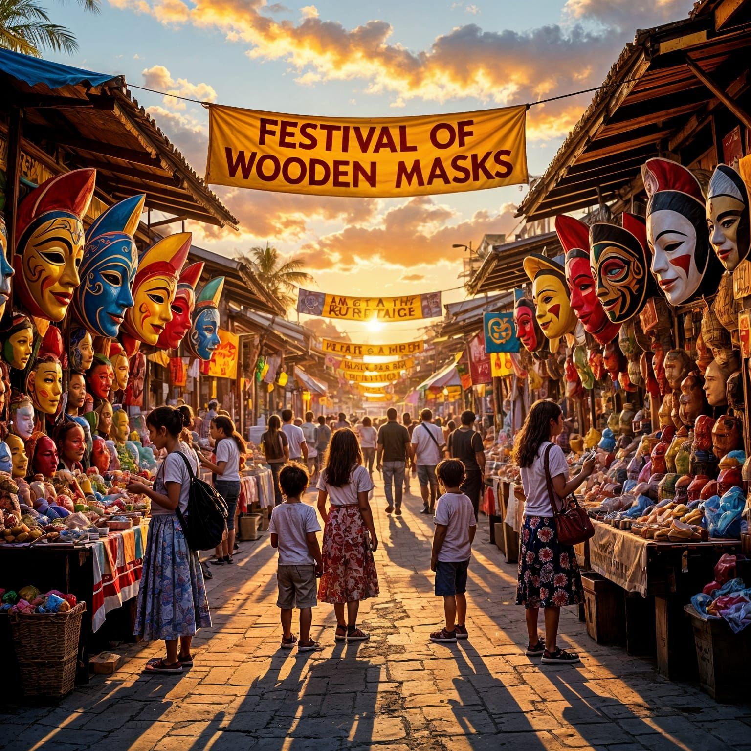 Sunset Marketplace: Vibrant Wooden Masks at Festival