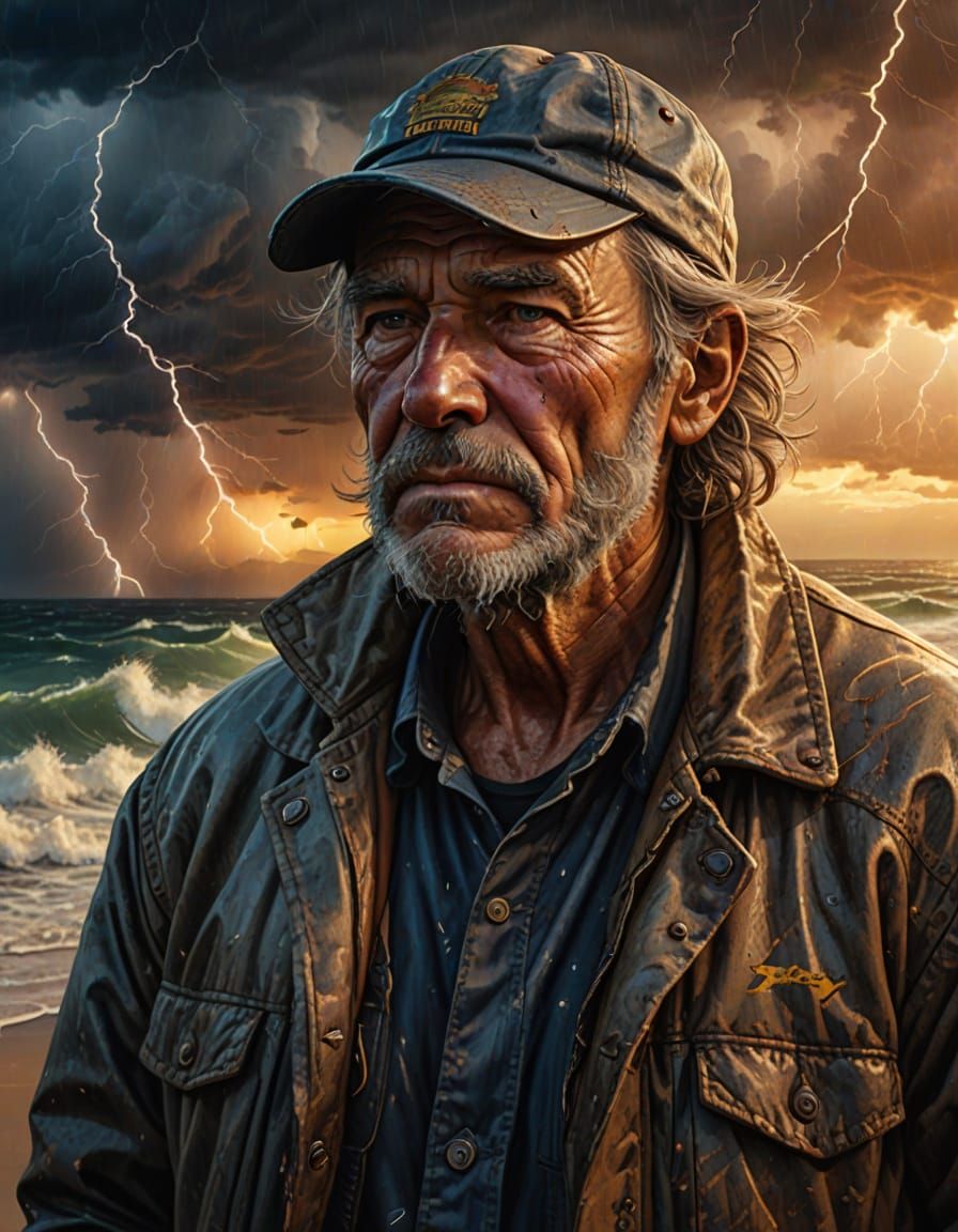 Weathered Fisherman Gazing Out at Sunset Storm