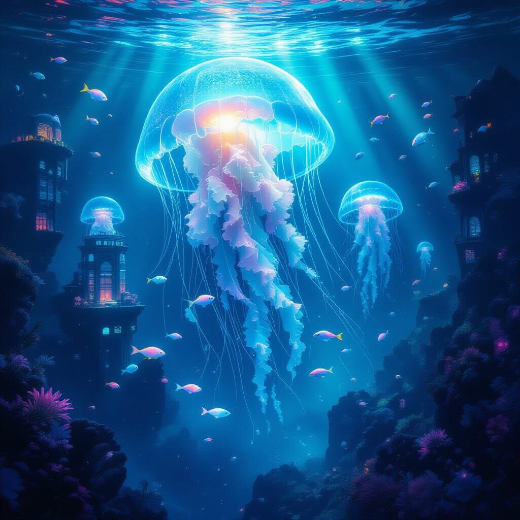 Bioluminescent Jellyfish City in Deep Ocean Abyss