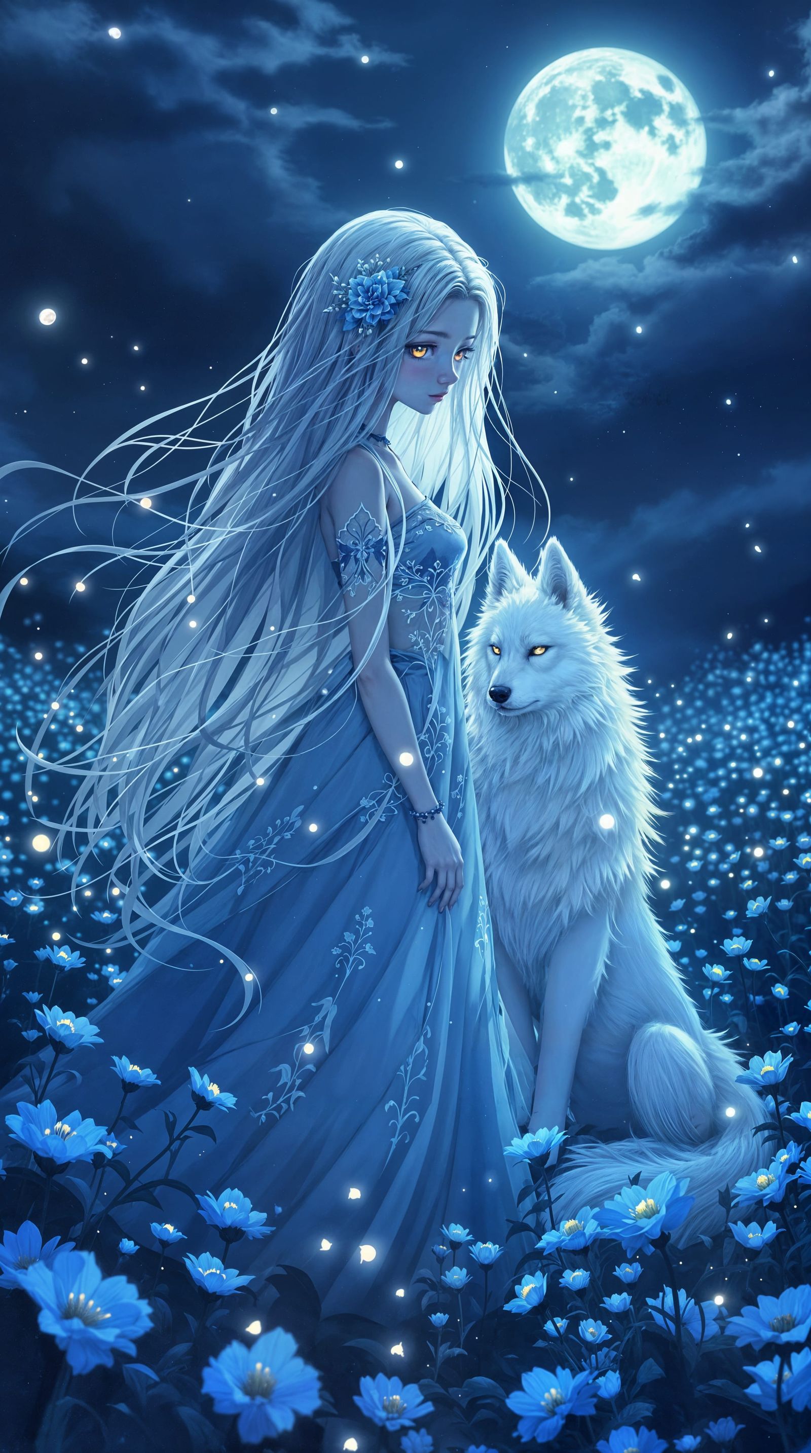 Melancholic Anime Girl with Wolf in Moonlight