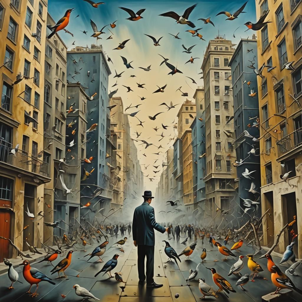 Surreal Bird-Filled Cityscape in Salvador Dali Style