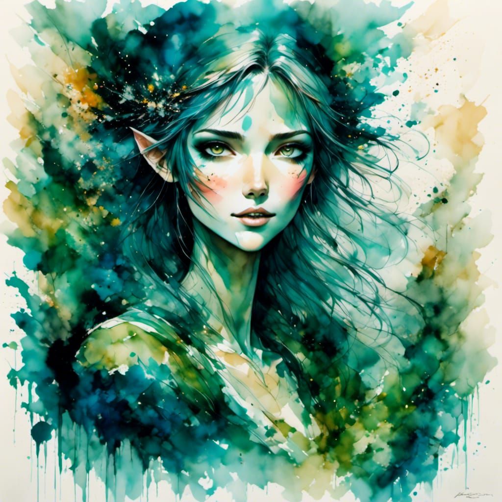 Elven Sorceress Casting a Spell in Ink Art Style