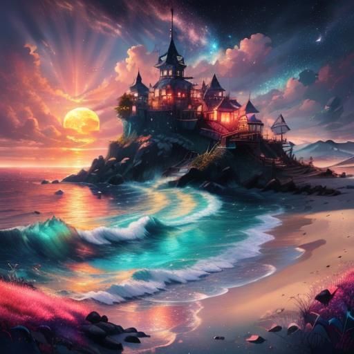 Night Beach with Red Moon: Digital Fantasy Art