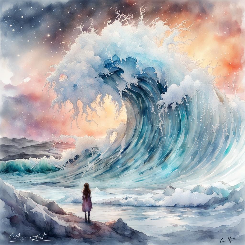 Icy Wave Digital Watercolor Fantasy Sunset