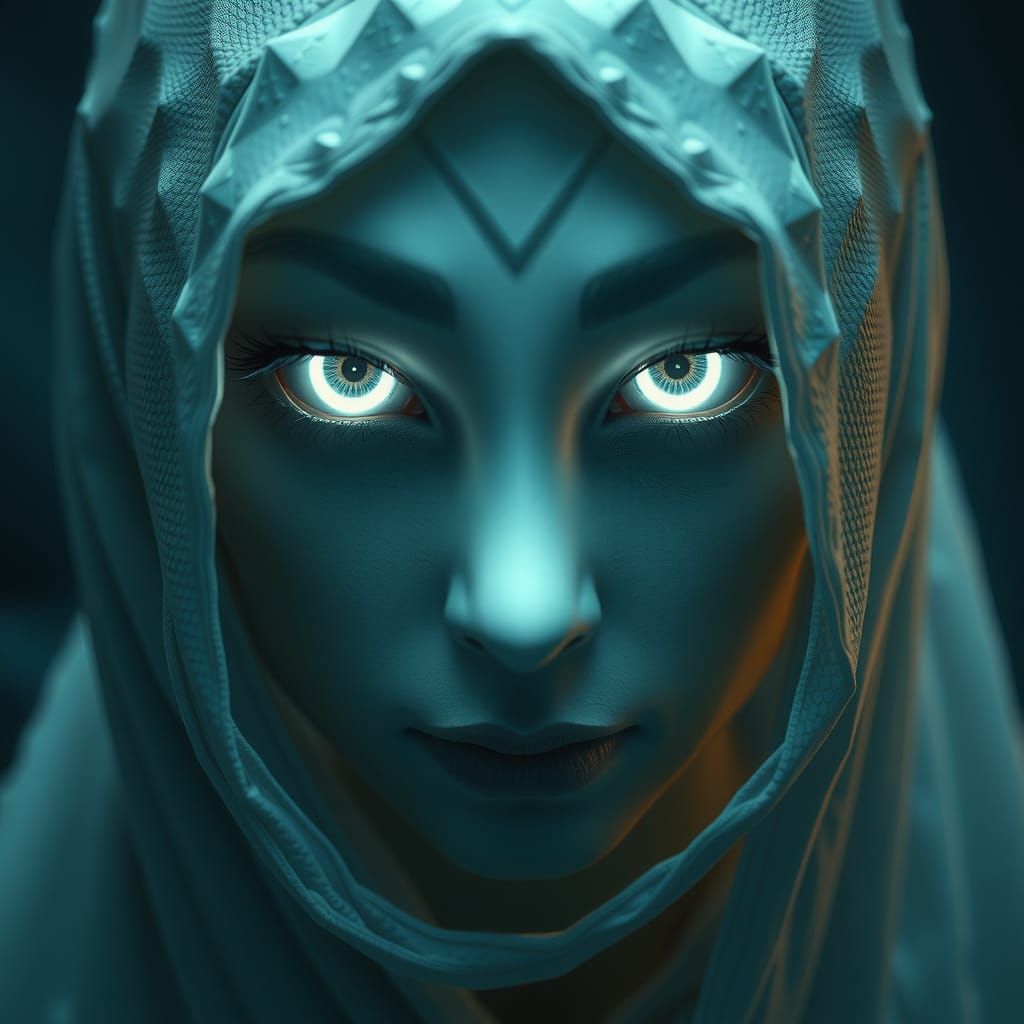 Ethereal Portrait with Glowing White Eyes
