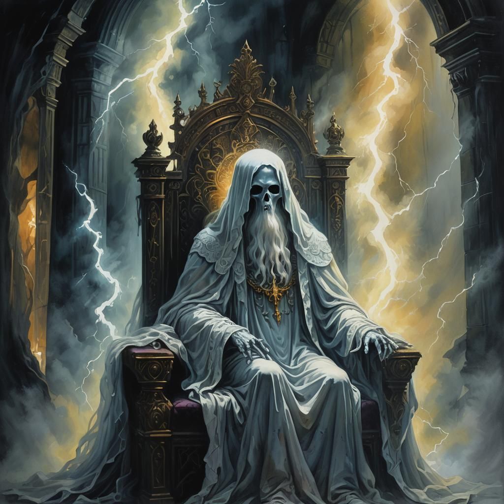 Melancholic Ghost on Throne in Gouache Painting