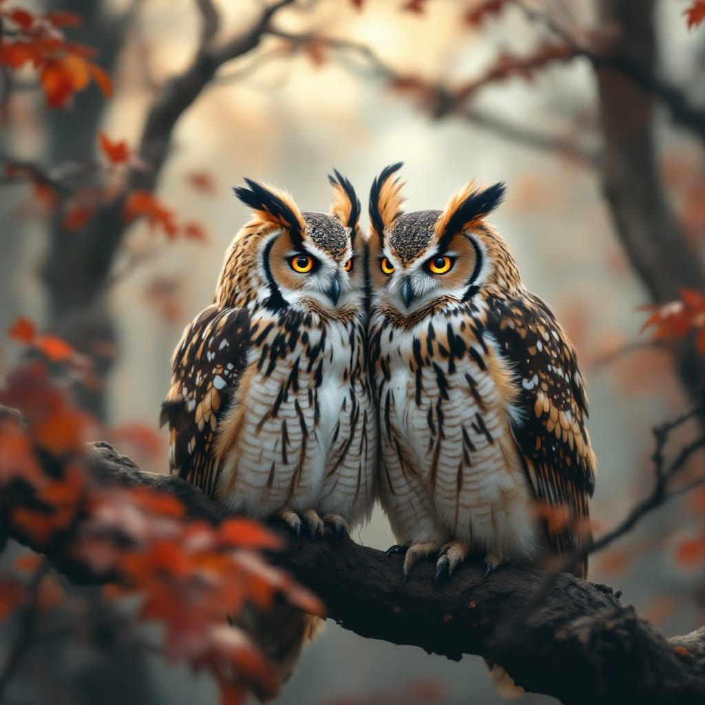 Great Horned Owls in Misty Autumn Forest, Watercolor Art