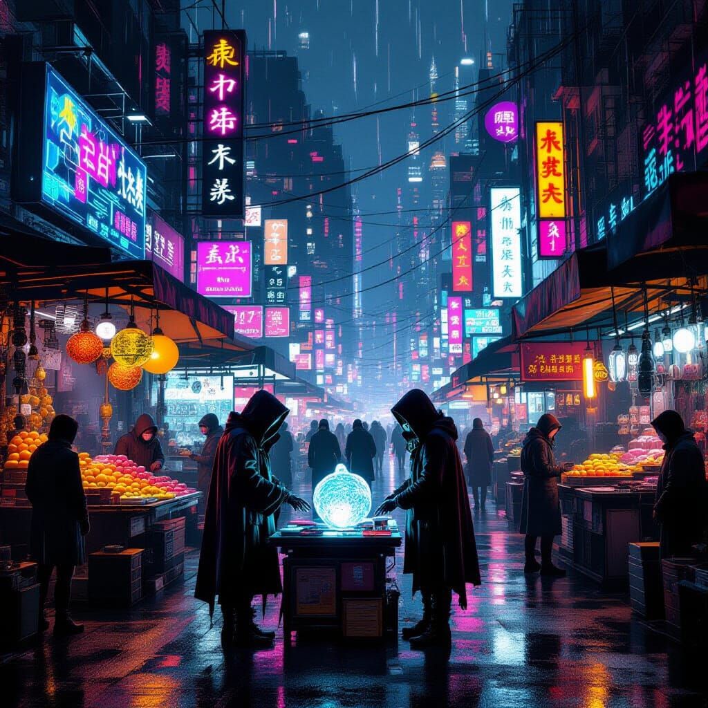 Cyberpunk Street Market at Night with Neon Lights