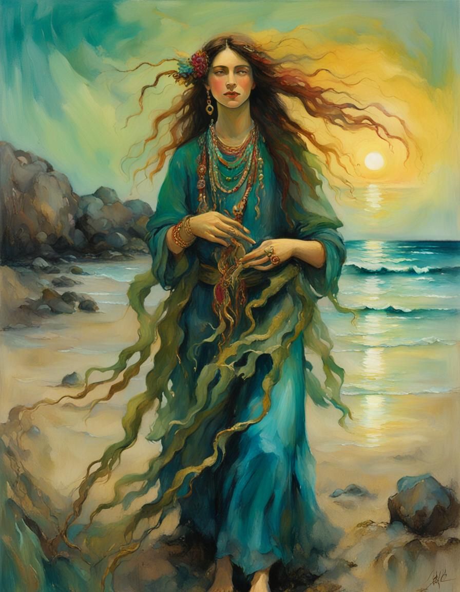 Gypsy Woman on Beach in Fauvist Style