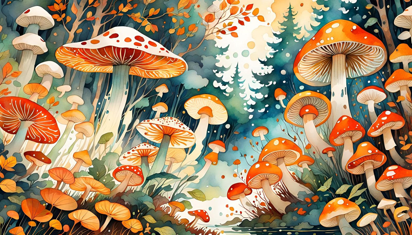 Autumn Forest in Watercolor Style with Mushrooms