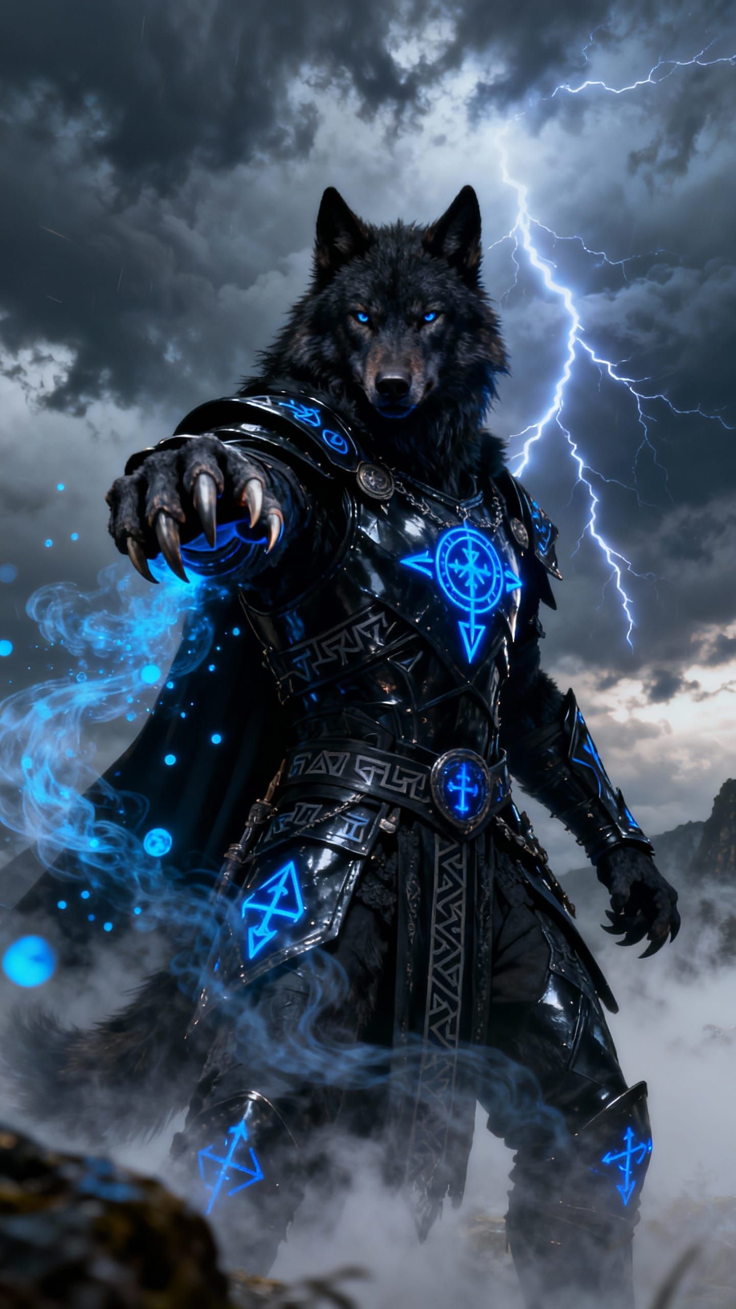 Wolf Warrior in Runic Armor Amidst Lightning Storm