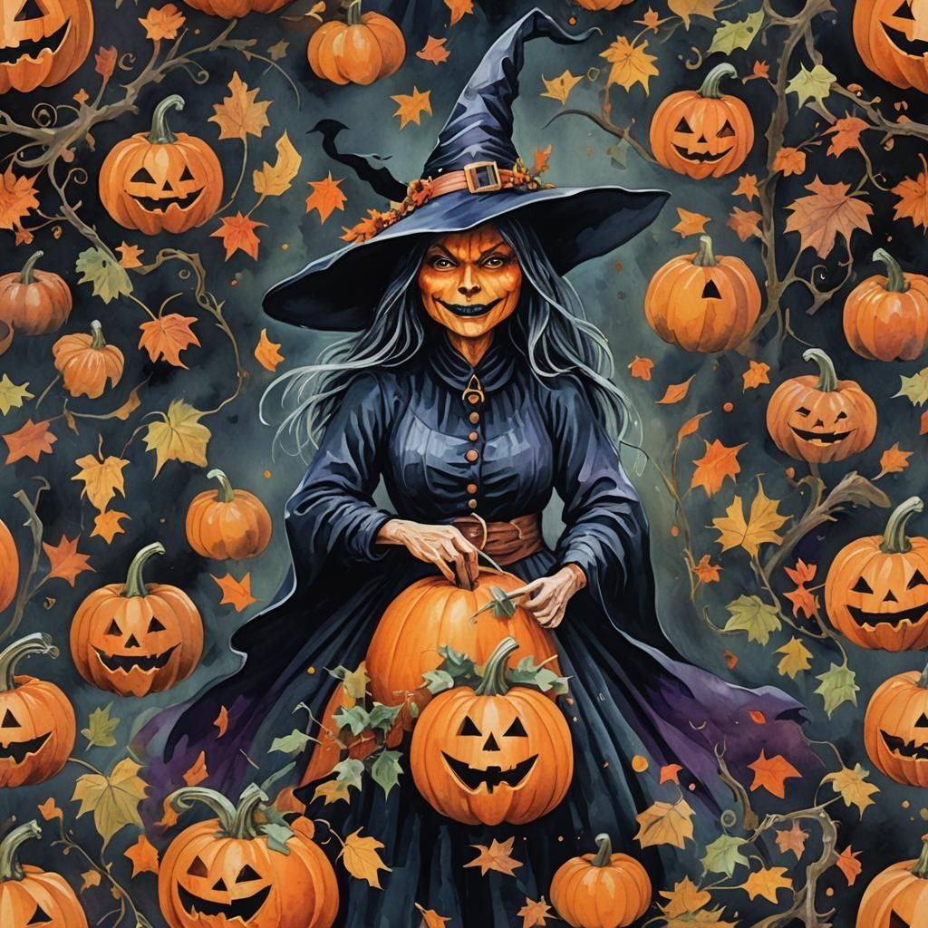 Dark Pumpkin Witch in Gouache Style