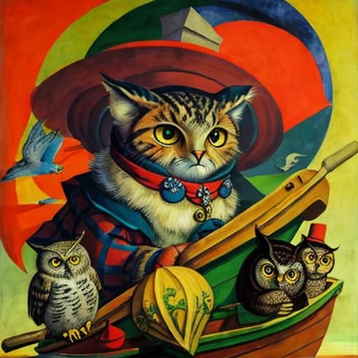 Tabby Cat and Owl Voyage: Renaissance-Modern Art
