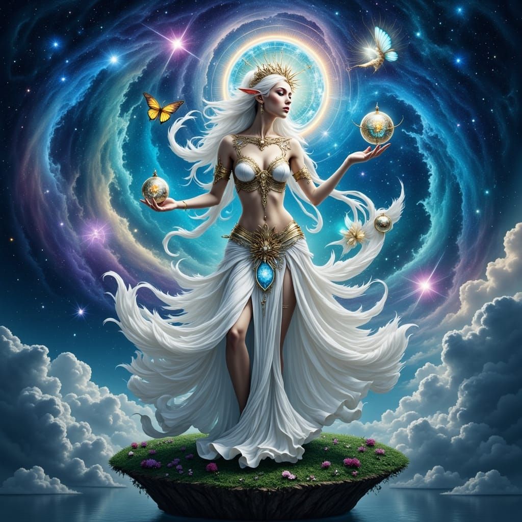 Elven Woman Belly Dancing in Nebula, Art Nouveau Style