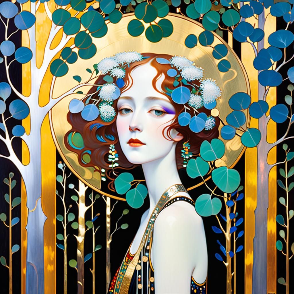 Klimt-Inspired Eucalyptus Grove in Art Nouveau Style