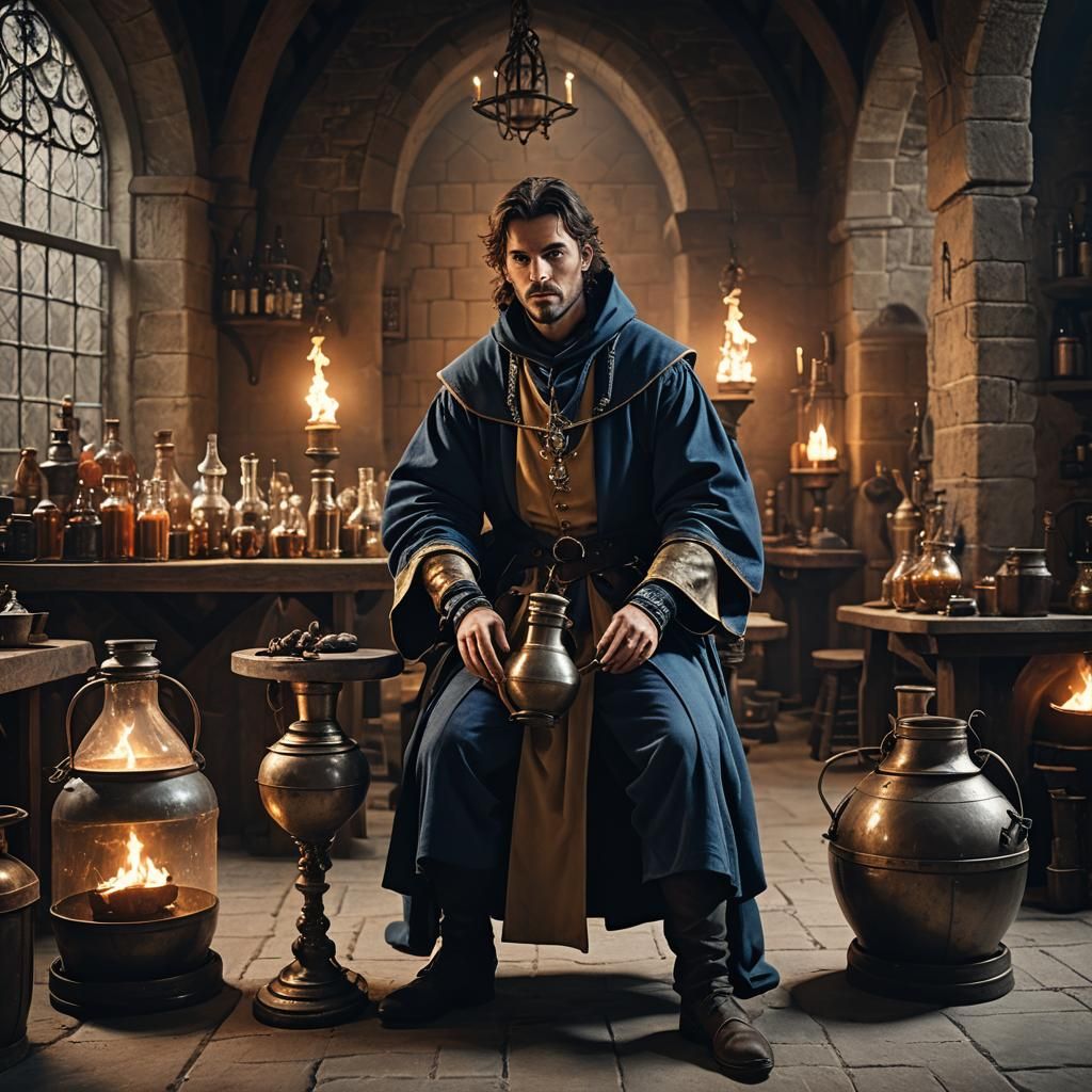 Medieval Alchemist Portrait with Magic Potion in Photorealis...