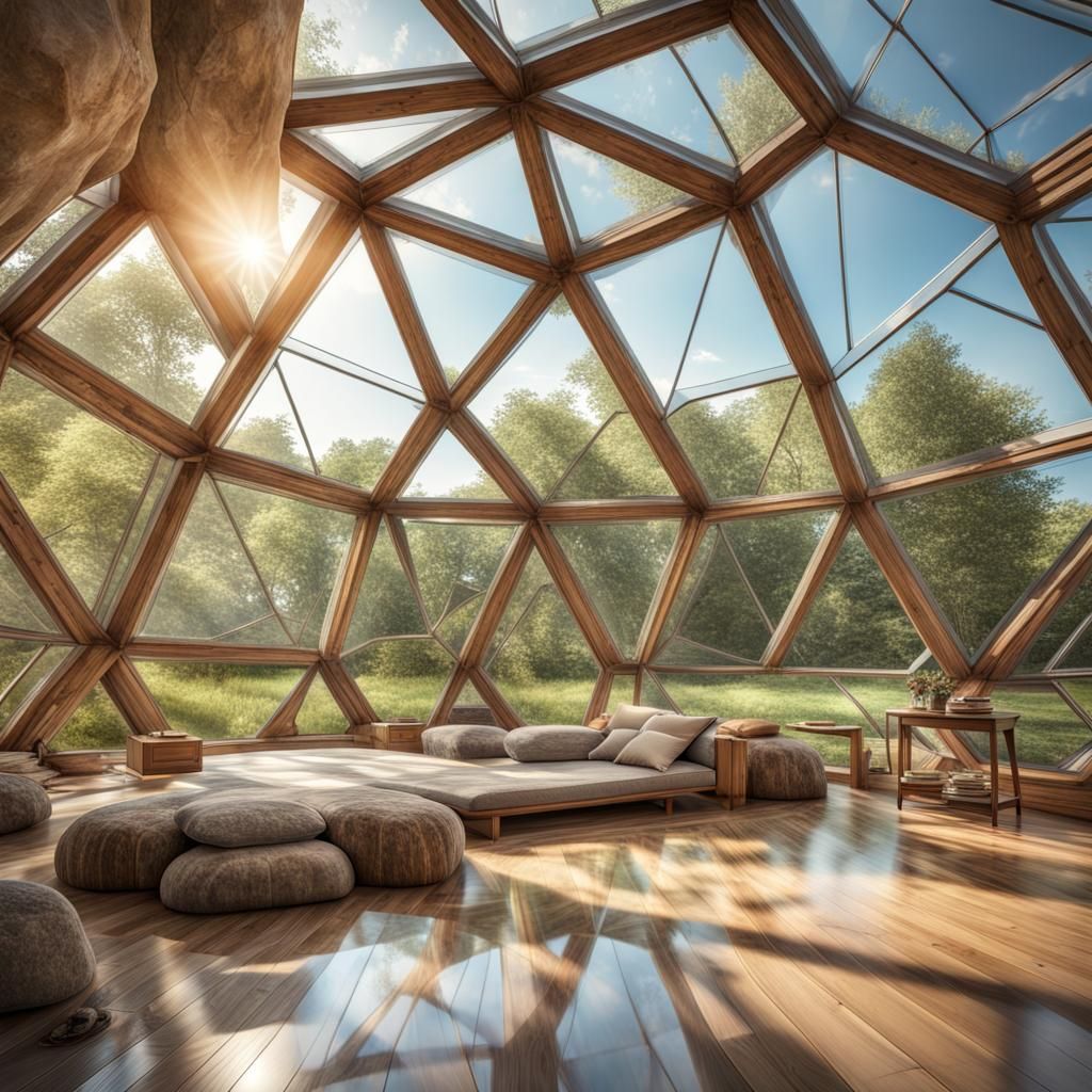 Glass and Wood Geodesic Dome House by a River