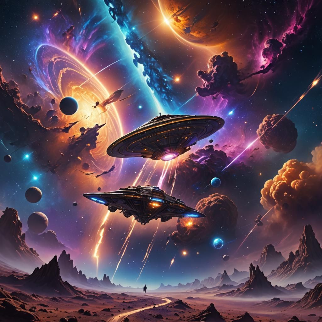 Spaceship in Stunning Cosmic Landscape, Digital Art