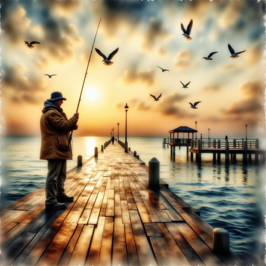 Fisherman's Sunset: Antique Watercolor Fishing Scene