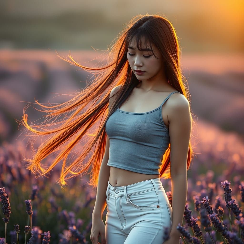 Serene Japanese Woman in Lavender Field