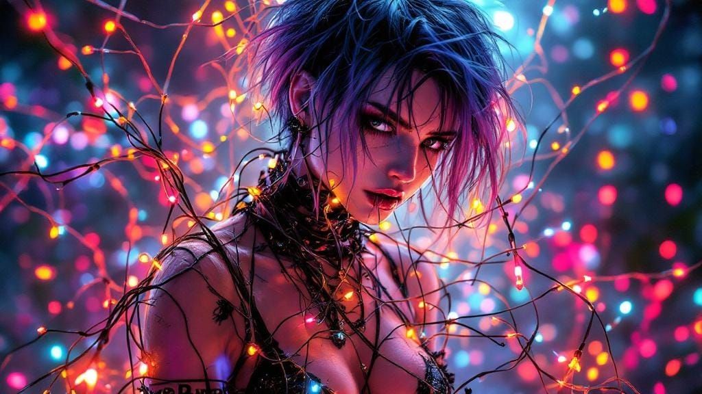 Punk Figure Enveloped in Surreal Fairy Lights
