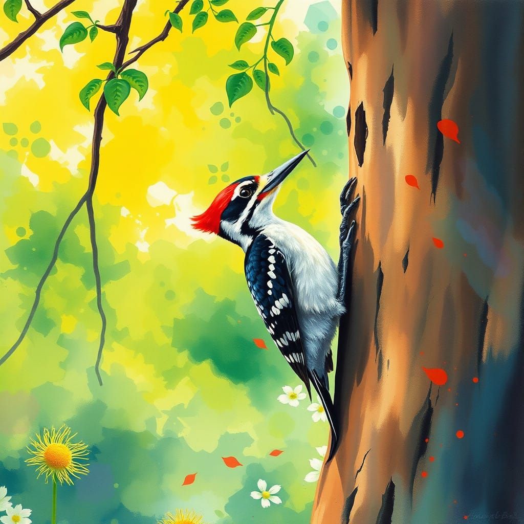 Woodpecker in Colourful Wet Brushwater Watercolor Wonderland