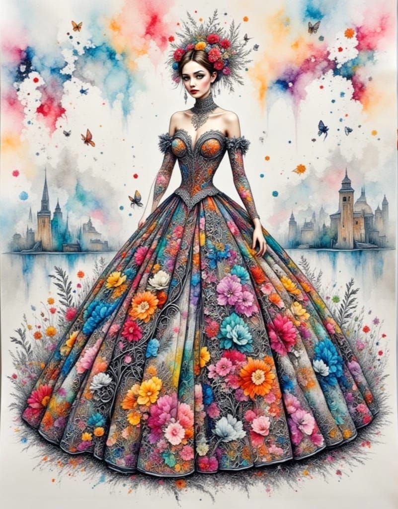 Watercolor Woman in Geometric Dress