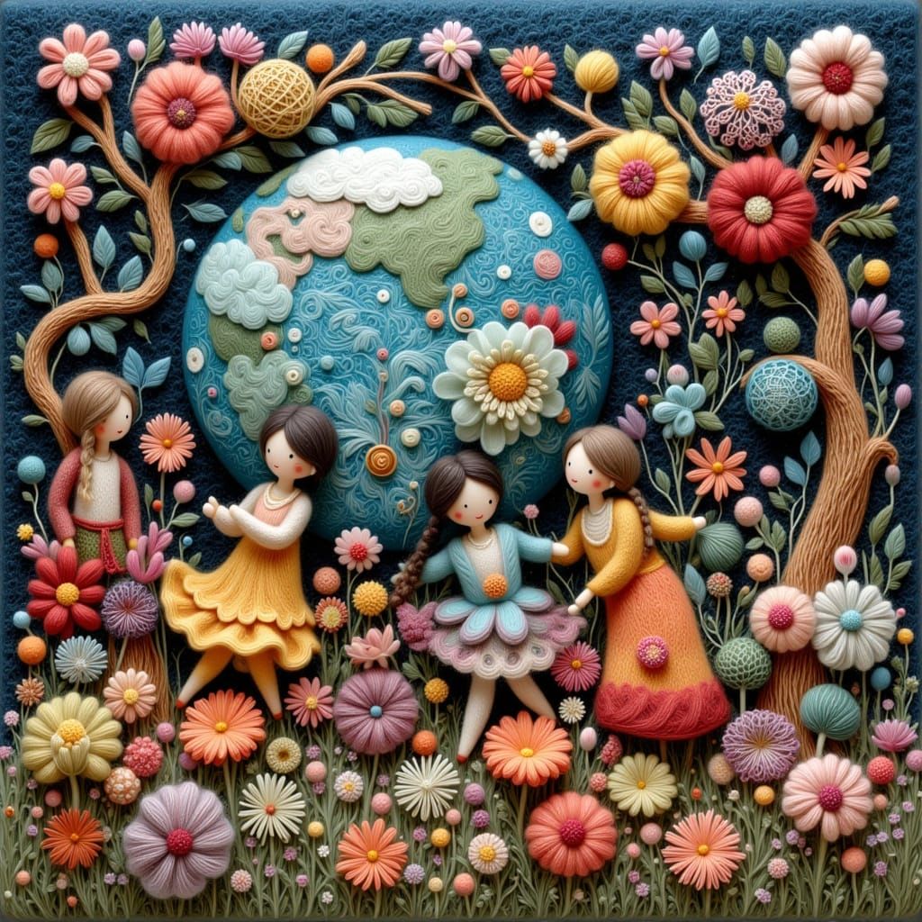 Joyous Dance Circles Earth in Vibrant Fiber Art Style