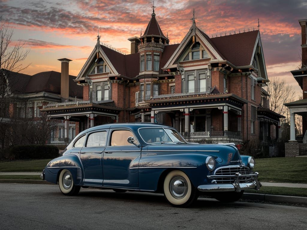 1947 DeSoto Sedan at Victorian House at Sunset